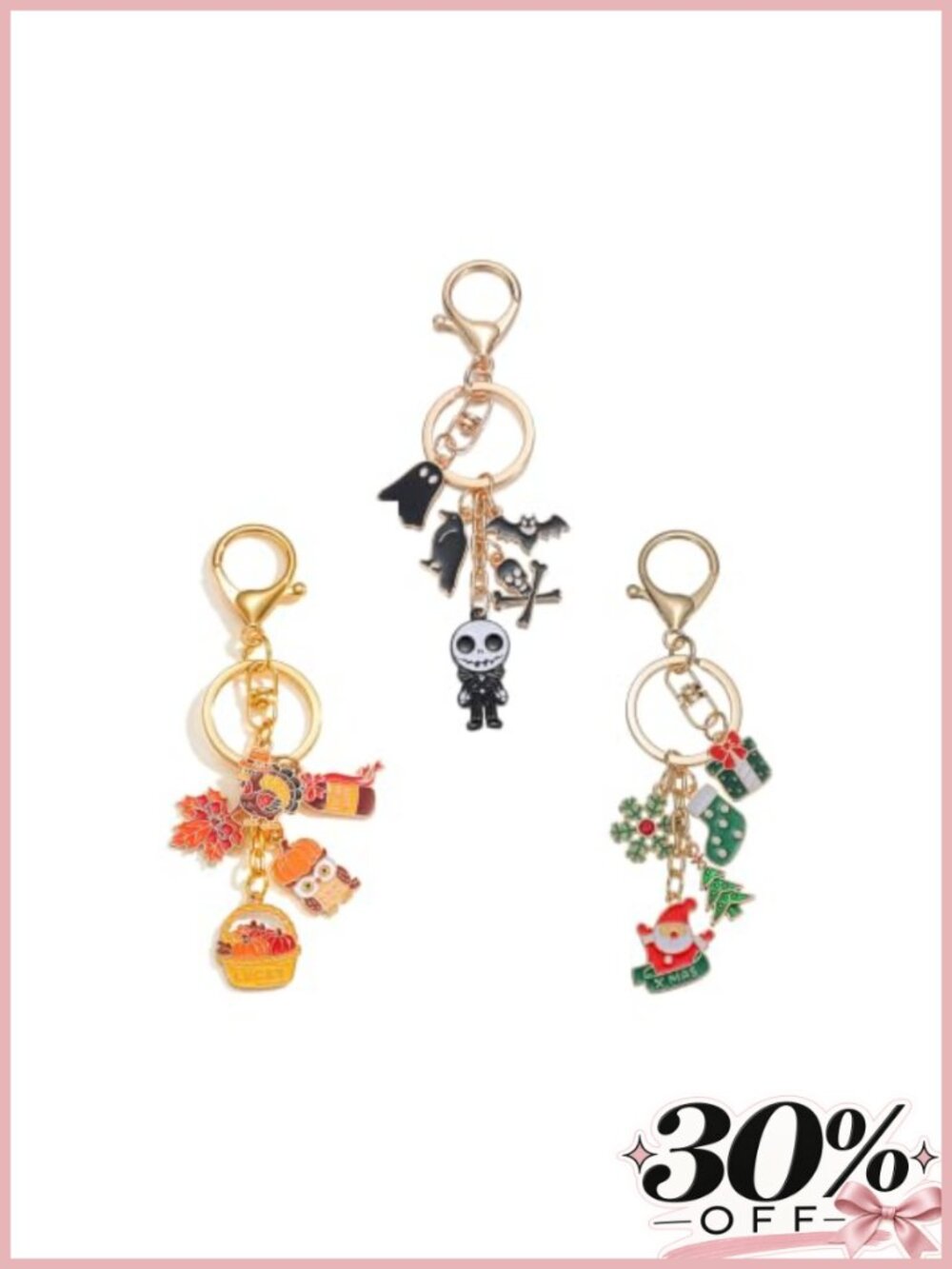 3 Pack Holiday Enamel Charm Keychains Halloween Thanksgiving Christmas Set